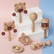 Beech wood toddler hand rattle 6-piece set baby sensory hand-eye coordination training rattle wooden gift box toy