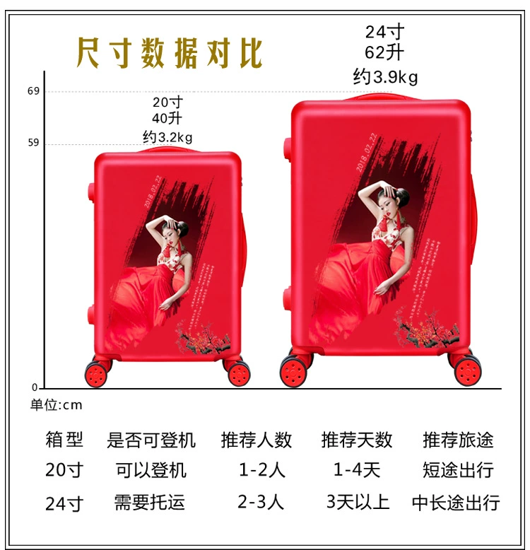 Hộp cưới tùy chỉnh lớn màu đỏ vali đám cưới mật khẩu du lịch vali cô dâu của hồi môn hộp của hồi môn - Va li