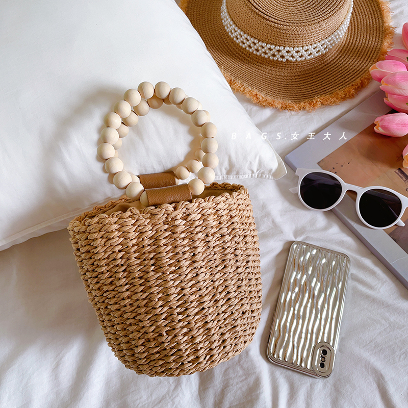 Beaded Straw Handbag, Handmade Woven Bag, Round Drawstring Bag, Fresh and Casual, Beach Tote, Bucket Bag