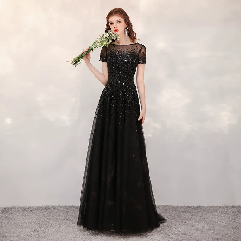 Black elite evening dress, long skirt