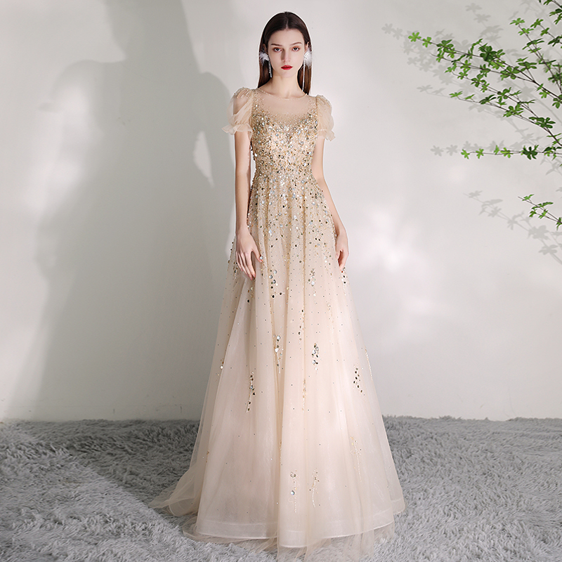 Golden High-End Evening Dress for Women 2026 Summer New Style Light Luxury Niche Host High-End Banquet Dress Golden High-End Evening Dress for Women 2026 Summer New Style Light Luxury Niche Host High-End Banquet Dress