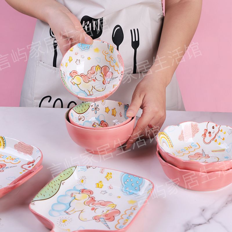 Cartoon Bowl with Underglaze Unicorn Design, Same Style as Used in Supermarkets, Ceramic Tableware, Safe and Non-Toxic, Microwaveable