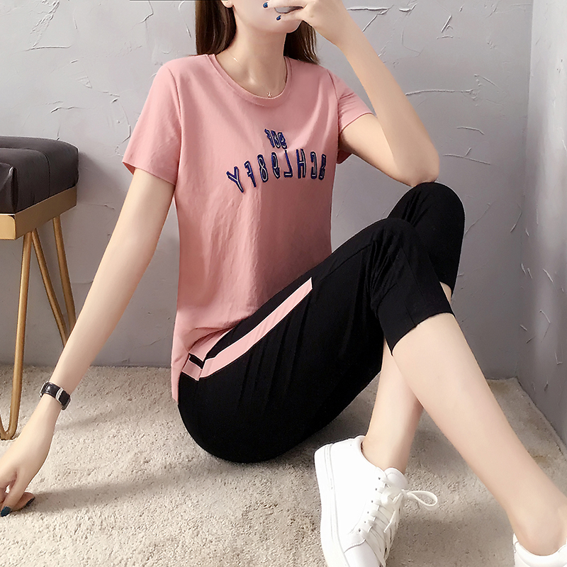 Casual Sportswear Suit Women 2022 Summer New Loose Ice Silk Seven Pants Fashion Designer Short Sleeves Two Sets