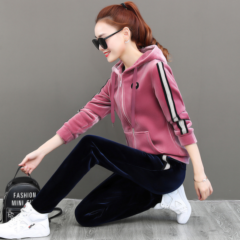 Double sided gold velvet sportswear suit woman 2019 autumn and winter new gush thickened warm winter dress casual two-piece style