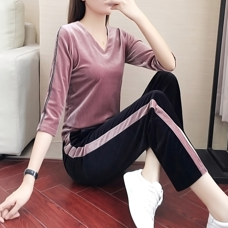 Casual Sportswear Suit Women Gold Velvet 2022 Spring Autumn Season New Fashion Loose Broadlegged Pants Laserwear Two-piece Set