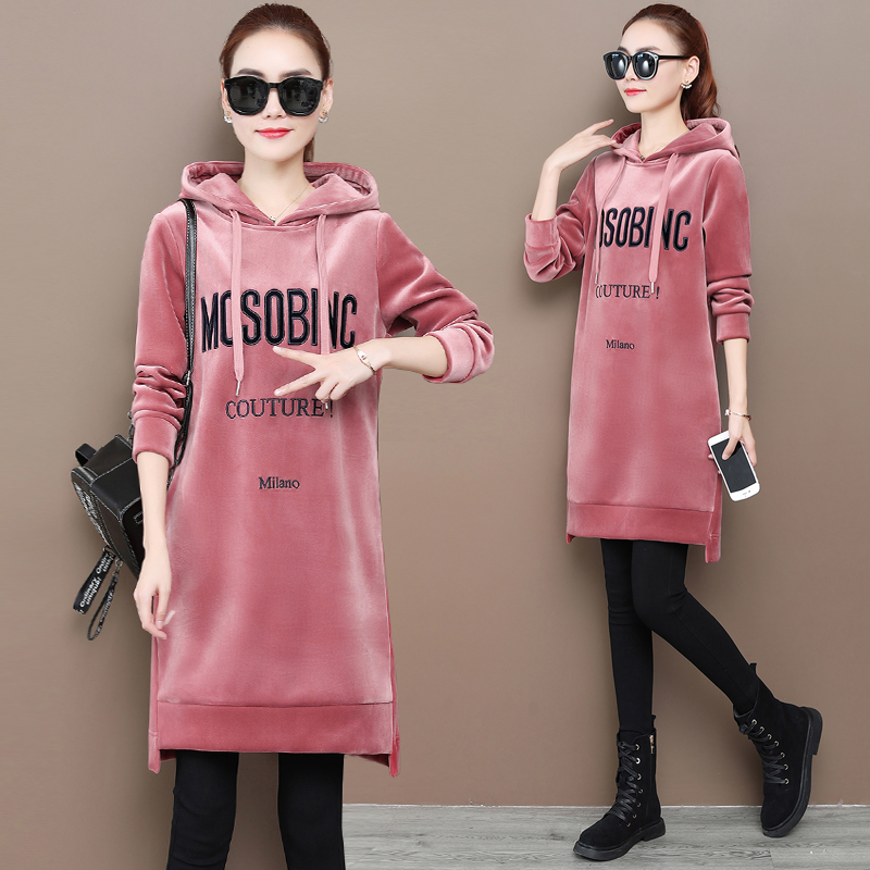 Gush sweater lady 2021 autumn winter new gold velvet medium long version loose thickened double-sided suede hat blouse