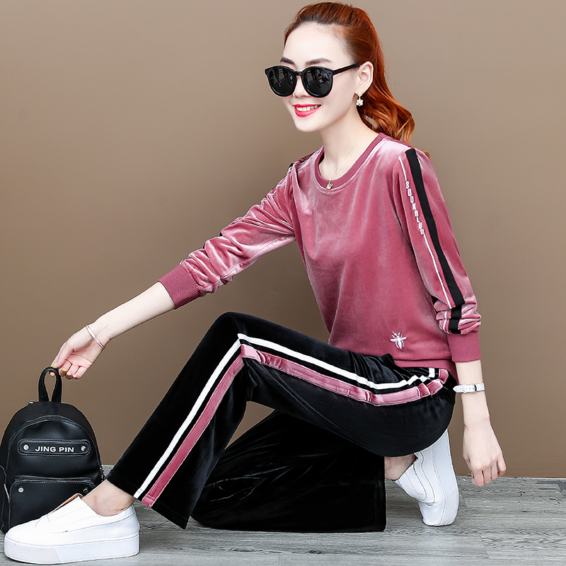 Golden Velvet Casual Sportswear Suit Women 2022 Spring Autumn Season New Fashion Loose Broadlegged Pants Acrosse Two Sets