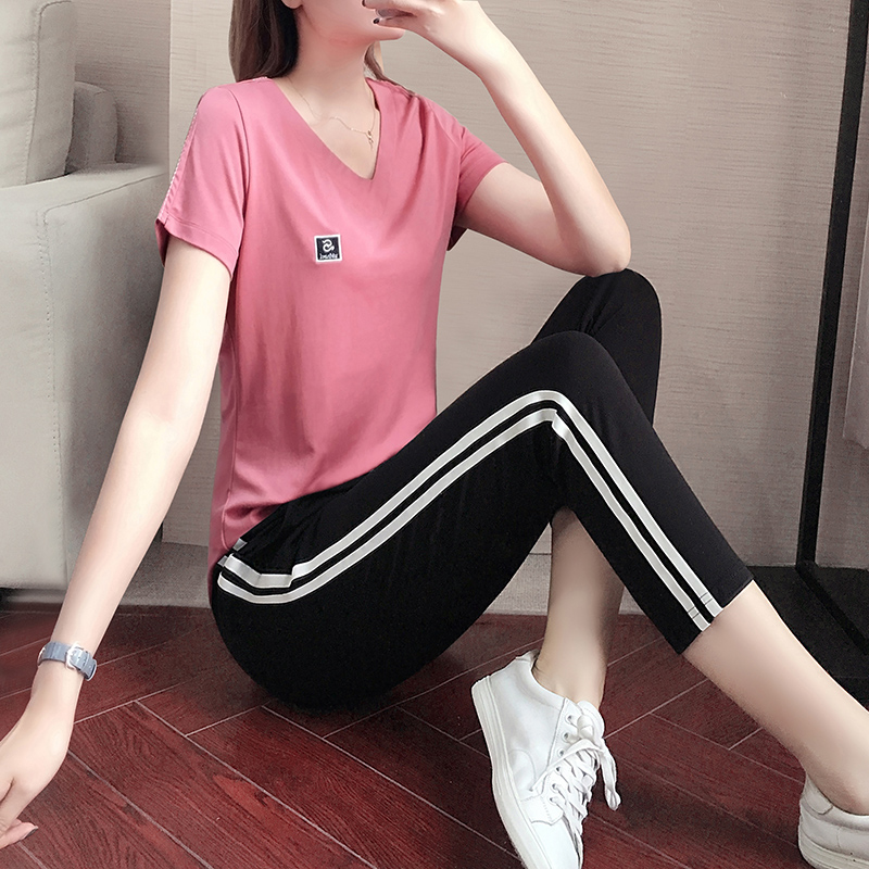 Sports Suit Women's Summer 2022 New Casual Fashion Short Sleeves Seven Pants Two Sets Loose Ice Silk Running Suit