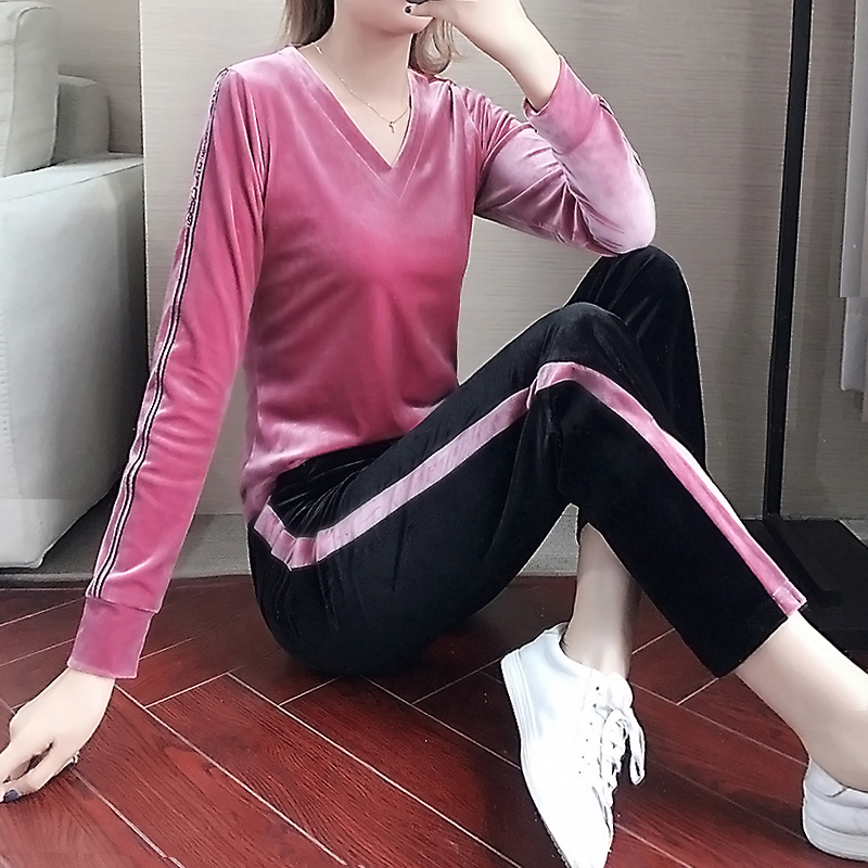 Golden Velvet Casual Sports Suit Women 2022 Spring New Loose Broadlegged Pants Early Spring Fashion Long Sleeves Two Sets