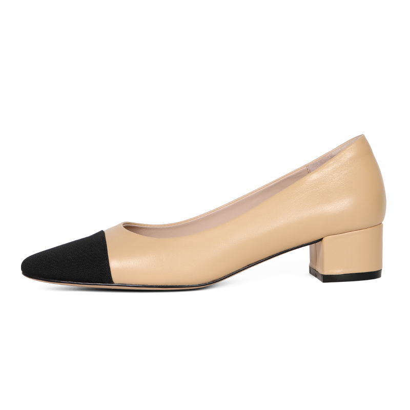 Mr. sheng ~ classic sheepskin small fragrant wind stitching shoes shallow single shoes women Joker low-heeled temperament thick-heeled women's shoes
