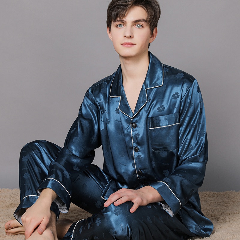 Men's Silk Pajamas Spring and Autumn Set New Ice Silk Satin Long-Sleeved Cardigan Summer Thin Large Size Loungewear for Men