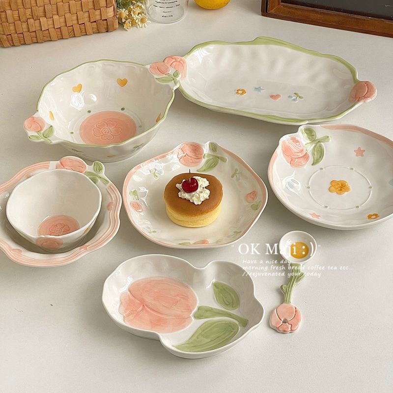 Underglaze Color High-Value Tulip Bowl and Plate Set 3-Piece Set Ins-Style Beautiful Bowl, Dish Plate, Dessert Plate, Breakfast Plate