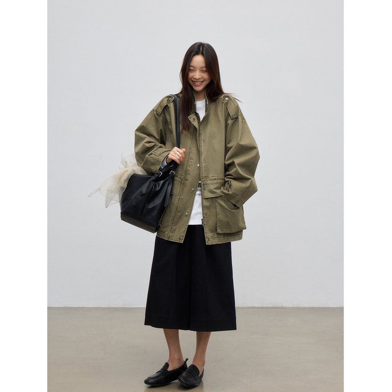 Sixi Four Happiness Manchester Early Autumn Stand Collar Workwear Jacket Women's Autumn Loose Jacket Top Mid-Length Trench Coat Sixi Four Happiness Manchester Early Autumn Stand Collar Workwear Jacket Women's Autumn Loose Jacket Top Mid-Length Trench Coat