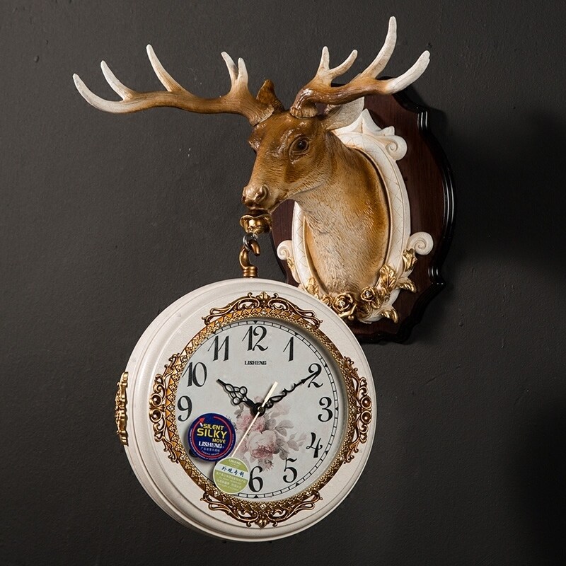 European double-sided wall clock watch living room American Nordic Deer head home silent hanging clock clock creative atmosphere hanging watch