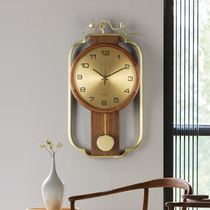 New Chinese pure copper wall clock living room fashion Chinese style wall quartz clock atmospheric creative solid wood home clock