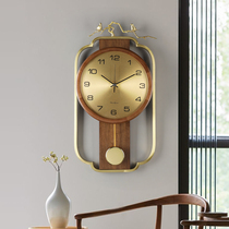 New Chinese Pure Copper Hanging Clock Living Room Fashion China Wind Hung Wall Quartz Clock Watch Atmospheric Creative Solid Wood Home Clock