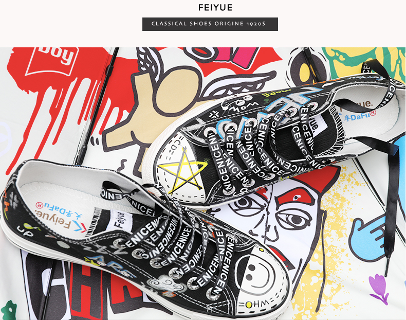 Feiyue bước nhảy vẽ tay giày nam màu đen xã hội Giày graffiti vẽ giày nữ đường phố giày hip-hop sáng tạo giày vải - Dép / giày thường giay the thao