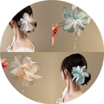 Mint milk green ~ chiffon flower pearl hairpin feminine tassel U-shaped hairpin new Chinese style hairpin headdress