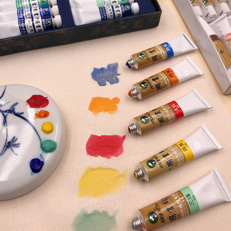 Marley Brand Chinese Painting Pigments 12 Colors 18 Colors 24 Colors 36 Colors Ink Painting Beginner's Starter Kit Fine Brush Painting Materials for Elementary School Students and Adults Single Brush Mineral Painting Materials Complete Set