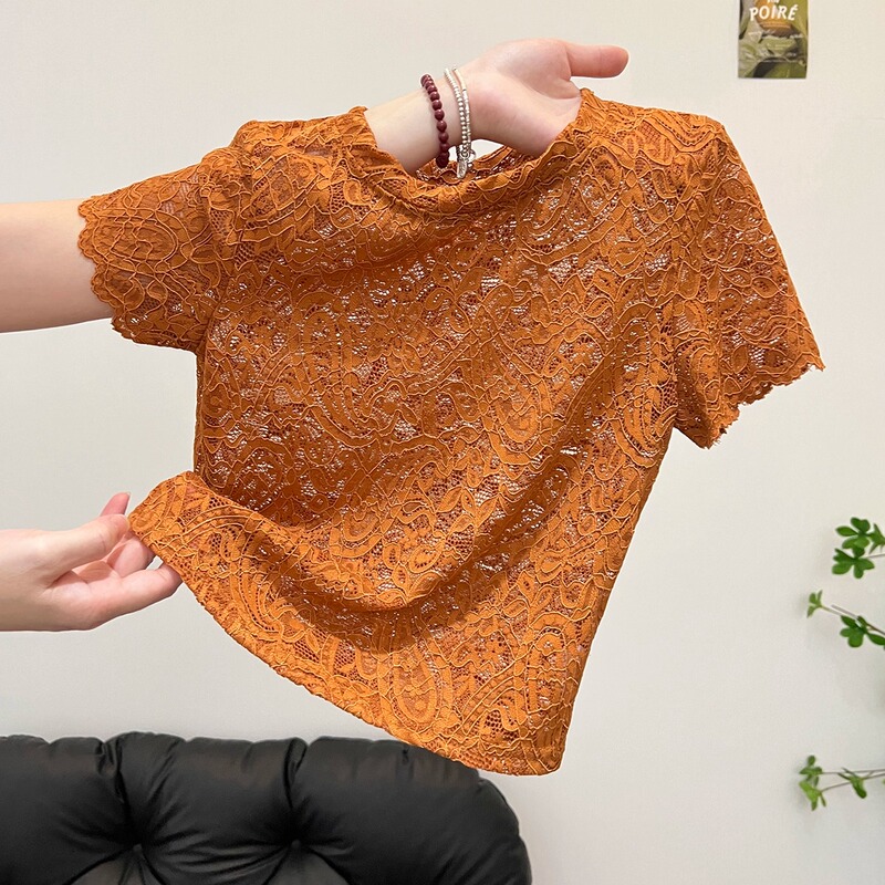 Sexy Hollow-Out Lace Short-Sleeve Top with Exposed Waist, Slim Fit, Stylish Design, See-Through Jacquard Craft Blouse