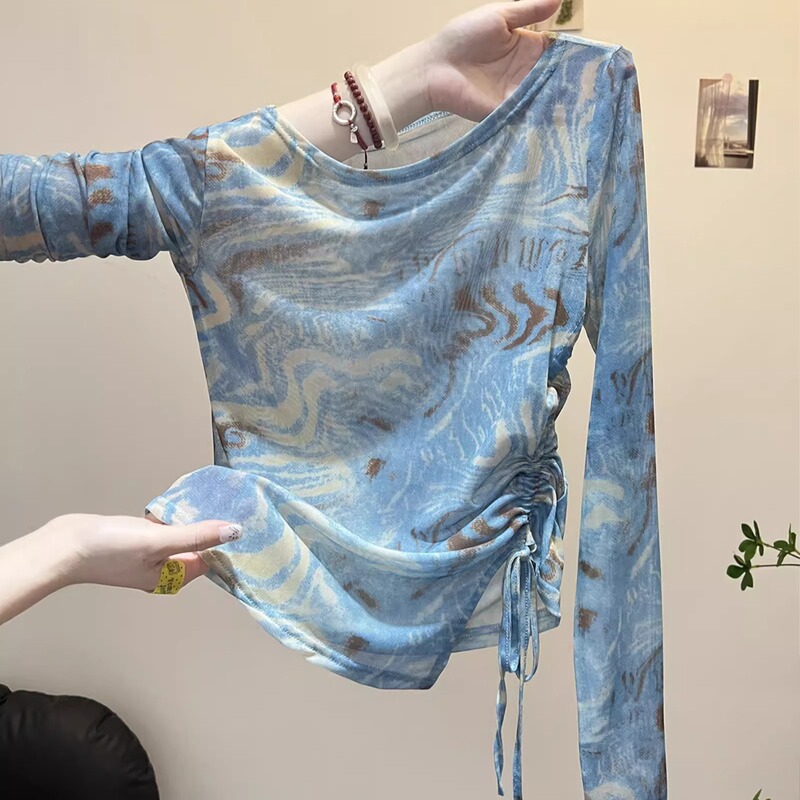 Millennial Style Retro Tie-Dye Mesh Sun Protection Shirt Summer Vacation Irregular Drawstring Long-Sleeved Top Design T-Shirt