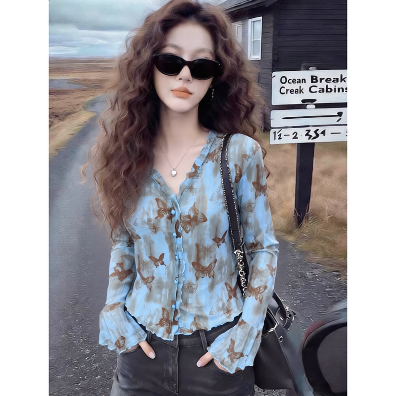 Romantic Style Butterfly Print Long-Sleeve T-Shirt for Women, Blue Mesh See-Through Waist-Cinching Slimming Versatile Cardigan Air-Conditioning Top Romantic Style Butterfly Print Long-Sleeve T-Shirt for Women, Blue Mesh See-Through Waist-Cinching Slimming Versatile Cardigan Air-Conditioning Top