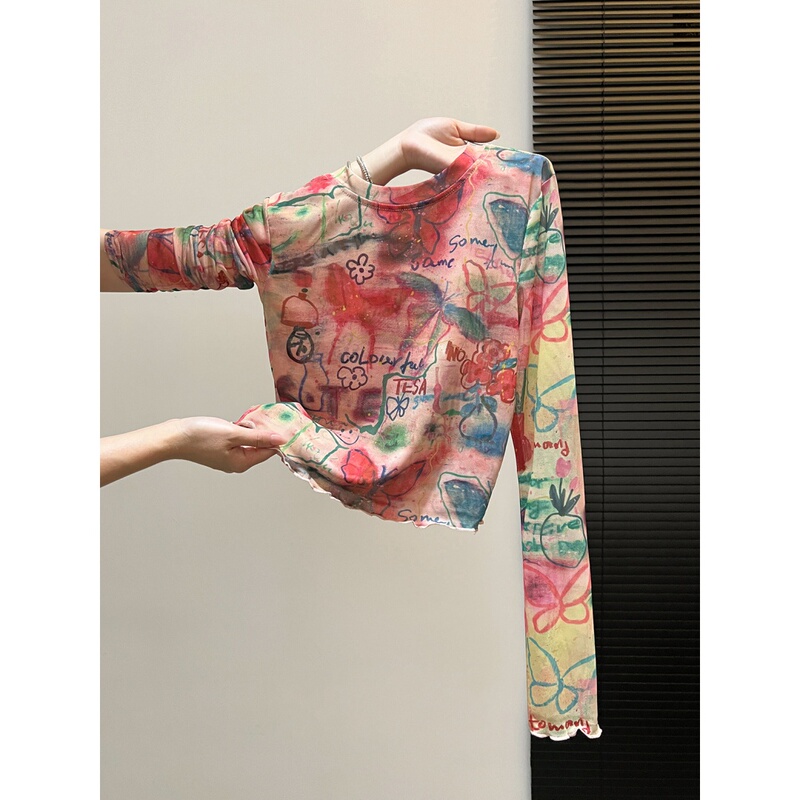 Dopamine Style Colorful Printed Long-Sleeved T-Shirt for Women, Double-Layer Mesh Summer Sun Protection Cover-Up, Lightweight Air-Conditioning Shirt Top Dopamine Style Colorful Printed Long-Sleeved T-Shirt for Women, Double-Layer Mesh Summer Sun Protection Cover-Up, Lightweight Air-Conditioning Shirt Top