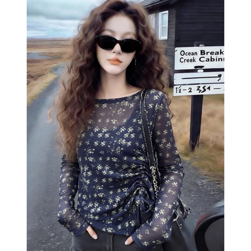 Korean Style Floral Tie Long-Sleeve T-Shirt for Women, Thin and Slightly See-Through, Slimming Sun Protection Cover-Up, Double-Layer Mesh Top Korean Style Floral Tie Long-Sleeve T-Shirt for Women, Thin and Slightly See-Through, Slimming Sun Protection Cover-Up, Double-Layer Mesh Top