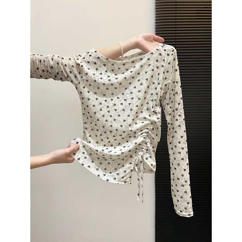 Korean Style Heart Polka Dot Long-Sleeved T-Shirt for Women, Casual Style Drawstring Tie Waist Double-Layer Mesh Sun Protection Cover-Up Top