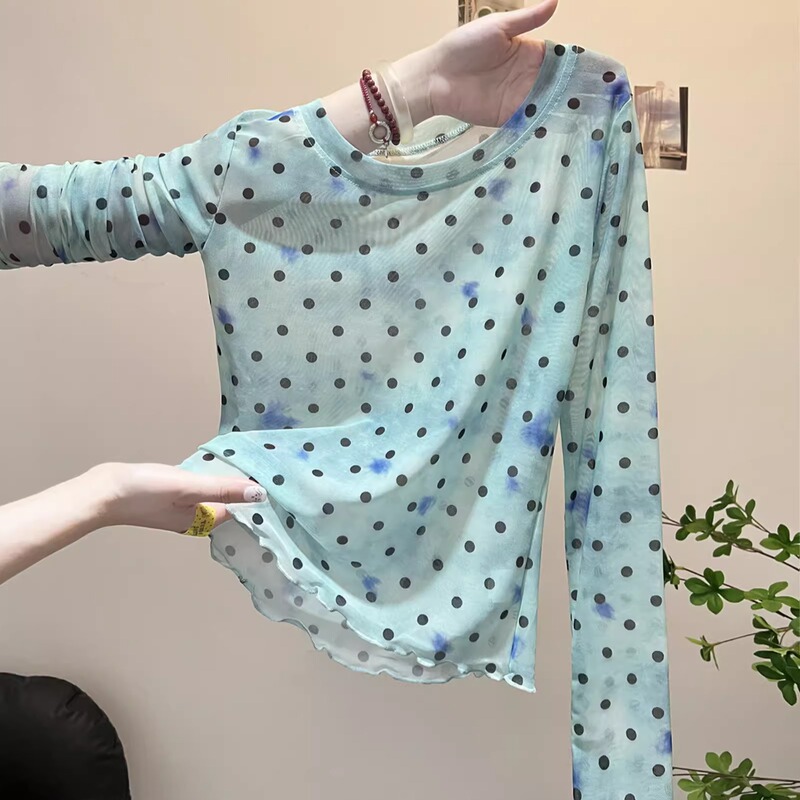 Refreshing Color-Block Tie-Dye Polka Dot Print Gradient Mesh Sun Protection Shirt Summer Long-Sleeve Thin See-Through Top T-Shirt