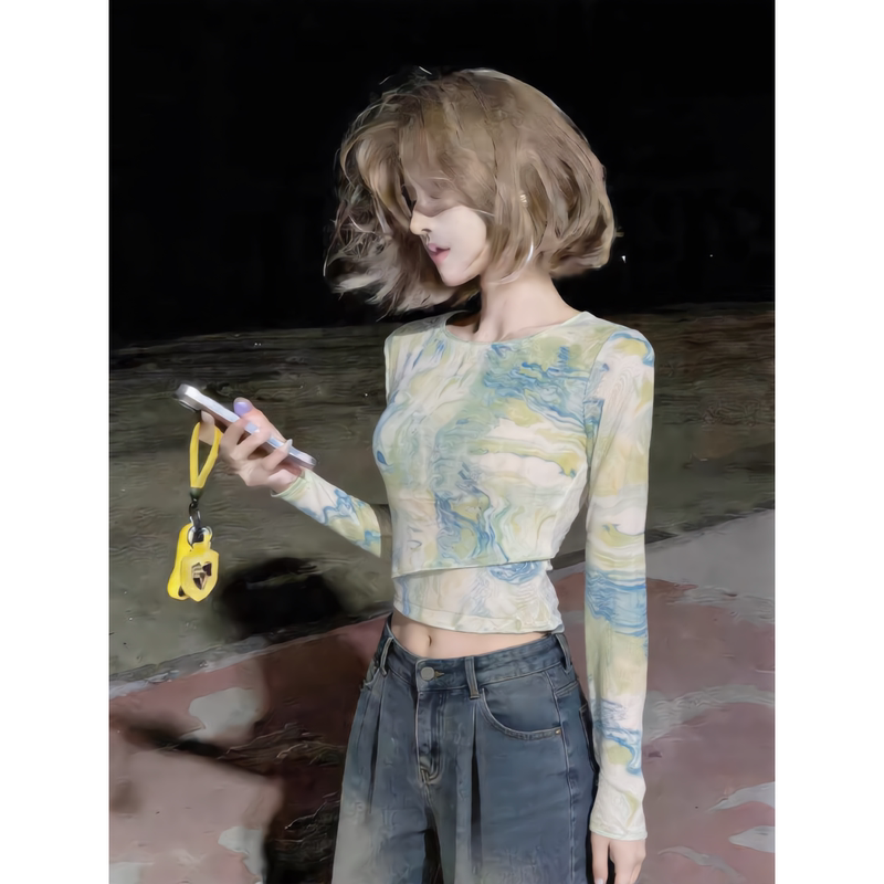 Spicy Girl Style Tie-Dye Printed Long-Sleeve T-Shirt for Women, Unique Double-Layer Mesh Sun Protection Cover-Up, Short and Super Pretty Top Spicy Girl Style Tie-Dye Printed Long-Sleeve T-Shirt for Women, Unique Double-Layer Mesh Sun Protection Cover-Up, Short and Super Pretty Top