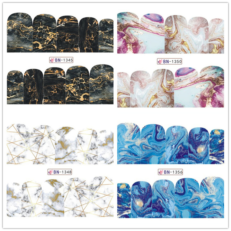 10 Sheets  Bn1356 Nail Art Water Transfer Nail Polish Gel Stickers Full Cover Marble Pattern Blue and Black Stone