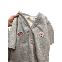 Gray retro V-neck embroidered short-sleeved T-shirt womens summer clothing new niche design slim short-sleeved tops