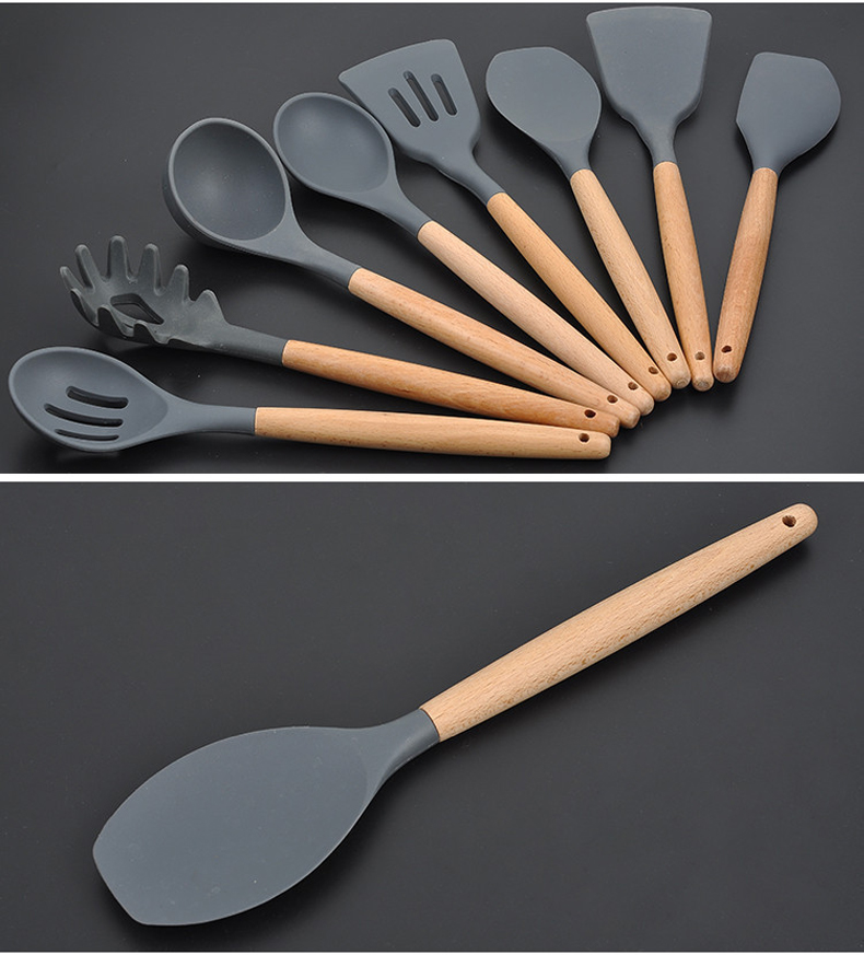 Hộ gia đình bằng gỗ xử lý silicone nấu nồi xẻng cào bếp không dính đặc biệt chịu nhiệt cao nhiệt độ đặt muỗng đặt nồi - Phòng bếp chảo nấu bếp từ