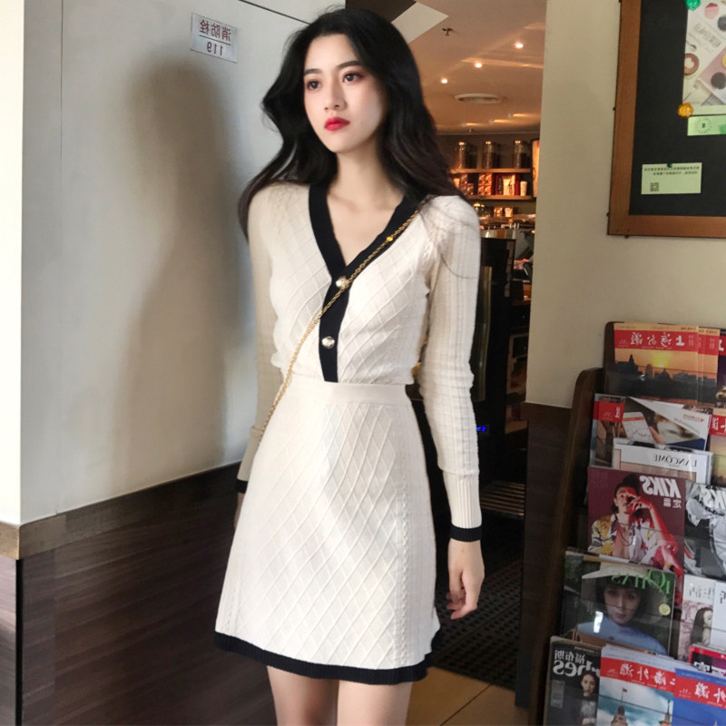 HSW long sleeve knitted suit woman two sets 2021 new autumn clothing V collar display slim fashion temperament with bottom skirt
