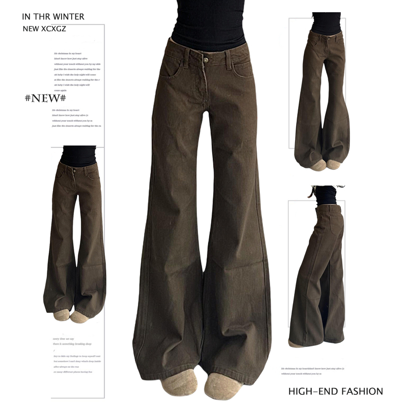 150cm Petite American Retro Coffee-Colored Flared Jeans for Women, Spring and Summer Low-Waist Slimming Loose Wide-Leg Pants