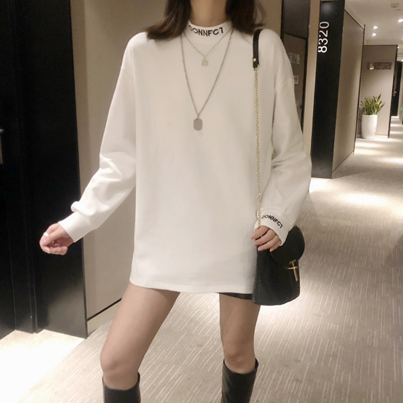 Semi-high collar gush thickened white undershirt female autumn winter loose medium long version pure cotton long sleeve T-shirt inner lap