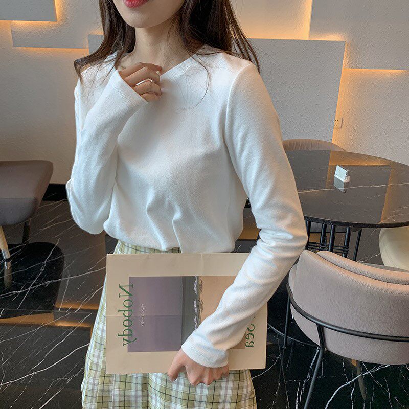 2022 autumn loaded with new white undershirt female inner lap version pure cotton mill fur long sleeve T-shirt blouses spring autumn 100 hitch