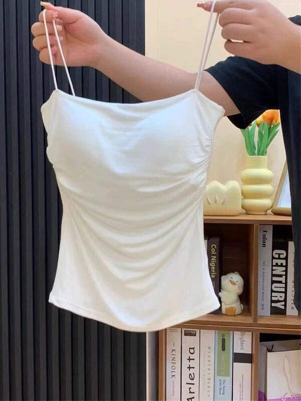 Pure White Camisole with Beautiful Back Design, Integrated Bra, Women's Summer Inner Wear or Outerwear, with Chest Pads, Unique French-Style Top