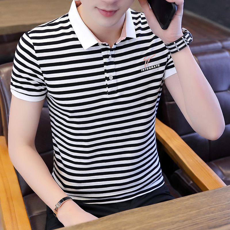 Men's Short Sleeve T-Shirt 2022 Summer New Black and White Striped POLO Shirt Korean Trend Men's Shirt Collar Clothes