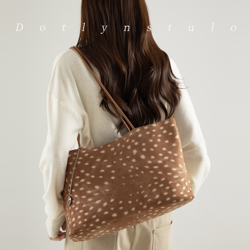 Dotlyn Autumn and Winter Retro Fashion Deer Pattern Tote Bag Korean Style Simple Versatile Suede Shoulder Bag Underarm Bag for Women
