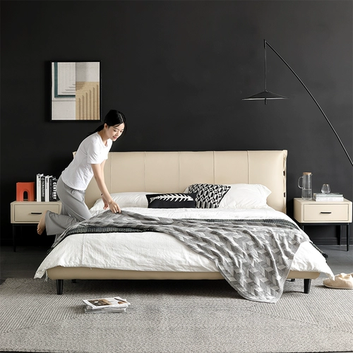 Легкая роскошная кожаная кровать скандинавская главная спальня маленькие блоки двойная простота.