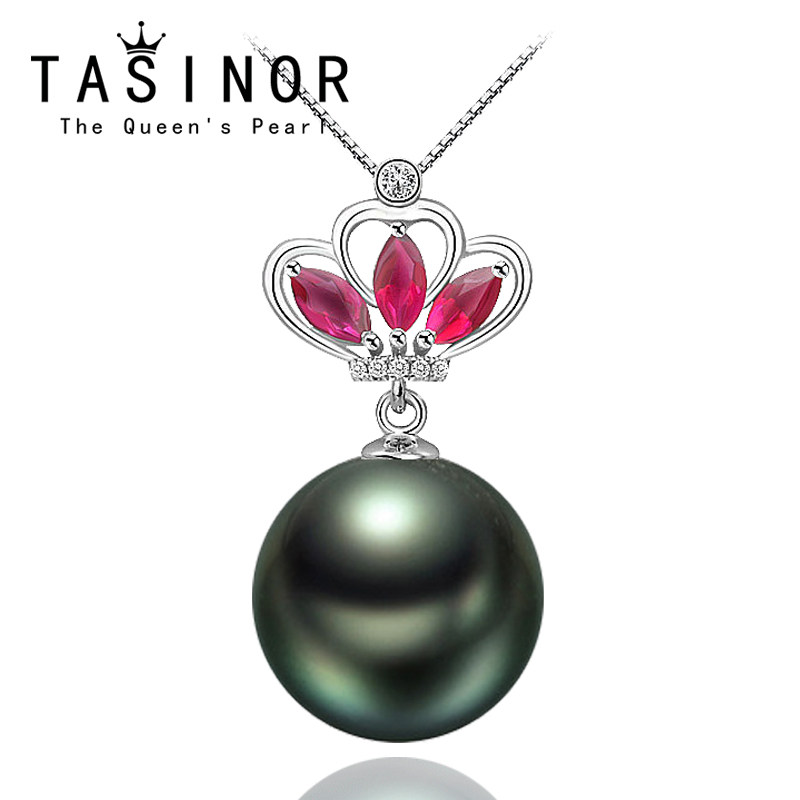 TASINOR Jewelry Tahitian Seawater Black Pearl Pendant Necklace 18k Gold Inlaid Tourmaline Perfect Round Gift
