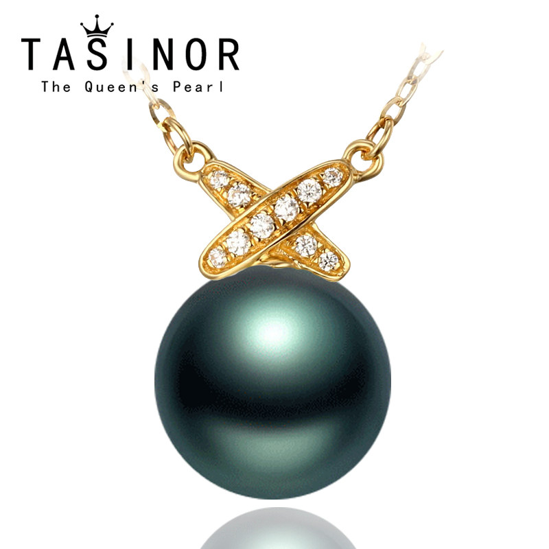 TASINOR Tahitian Black Pearl Necklace 18k Gold Seawater Pearl Pendant Perfect Round Jewelry Gift