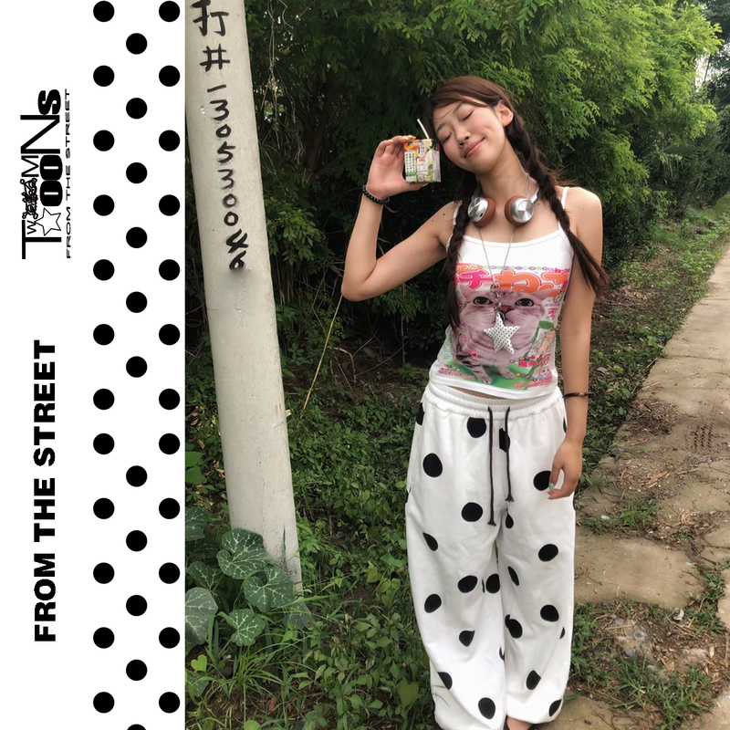 From the Street White Polka Dot Wide-Leg Jogger Sweatpants Spring and Summer Loose Casual Long Pants From the Street White Polka Dot Wide-Leg Jogger Sweatpants Spring and Summer Loose Casual Long Pants