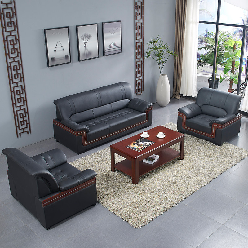 Office sofa simple coffee table combination reception reception modern business negotiation leather solid wood three-seat sofa