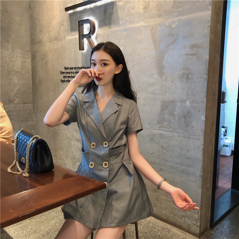 VK旗艦店 韓系復古氣質收腰百褶小西裝雙排釦短袖洋裝