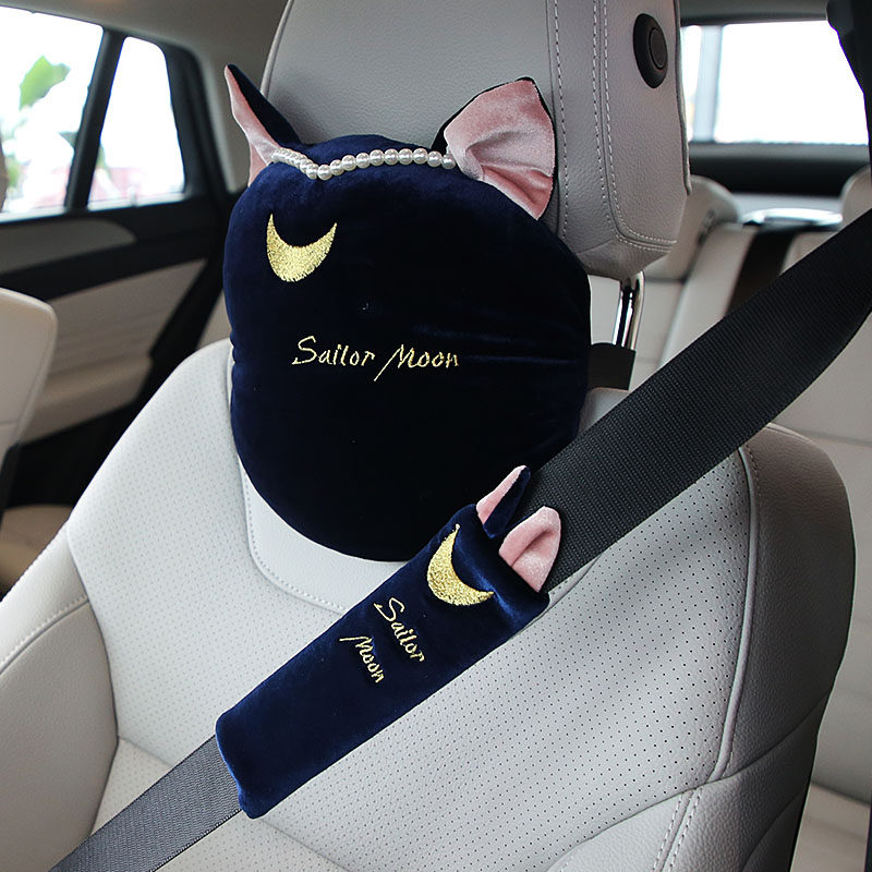 Plush Cat Ears Cute Car Pillow Car Neck Cushion Moon Shoulder shoulder Shoulder Strap Cat Kitty Inner Ornament Universal