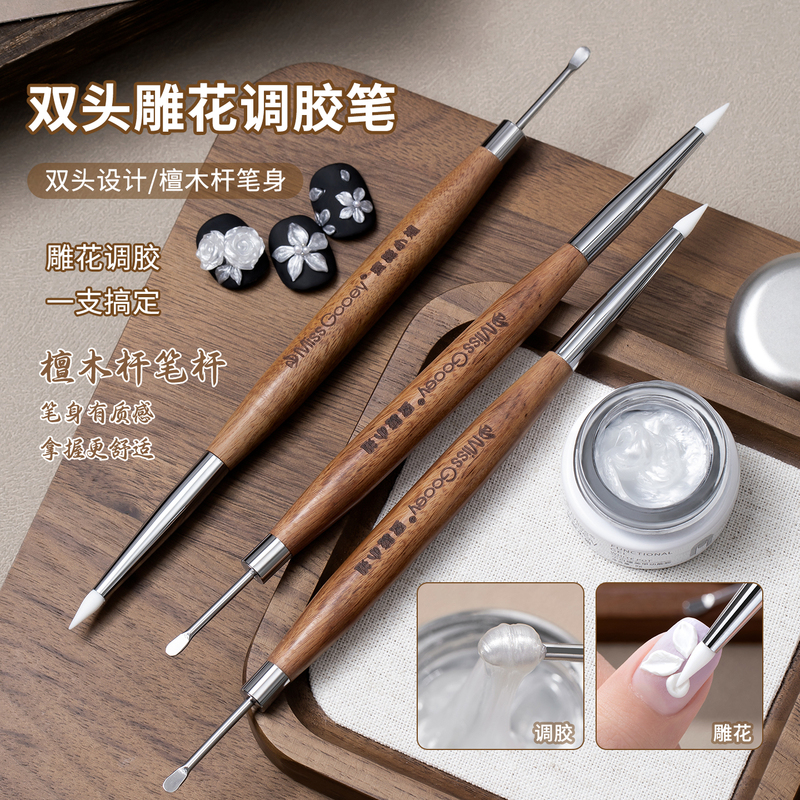 Double-Ended Carving Gel Pen with Sandalwood Handle, Wearable Nail Art Hand-Painted Silicone Pen, Embossing and Painting Dual-Use Nail Art Tool