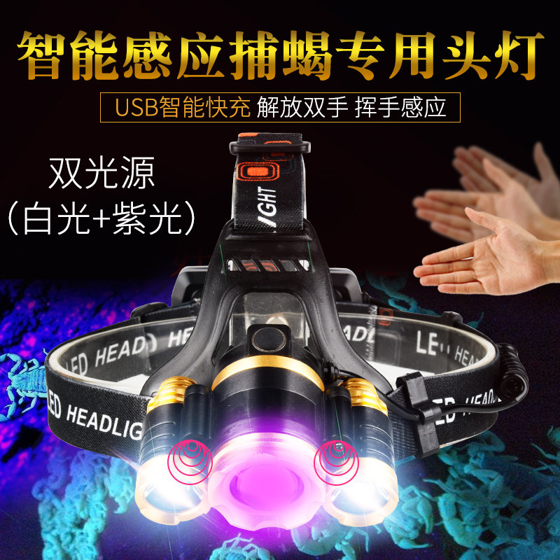 Head-mounted induction lamp Scorpion lamp Scorpion lamp Special strong light charging capture capture capture Scorpion lamp Purple light super bright